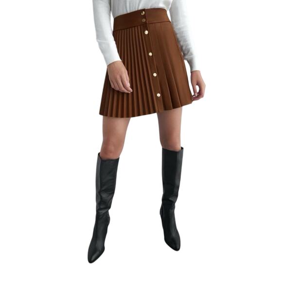 ZARA Gold Button High Waisted Accordian Pleated Mini Skirt - Picture 1 of 9